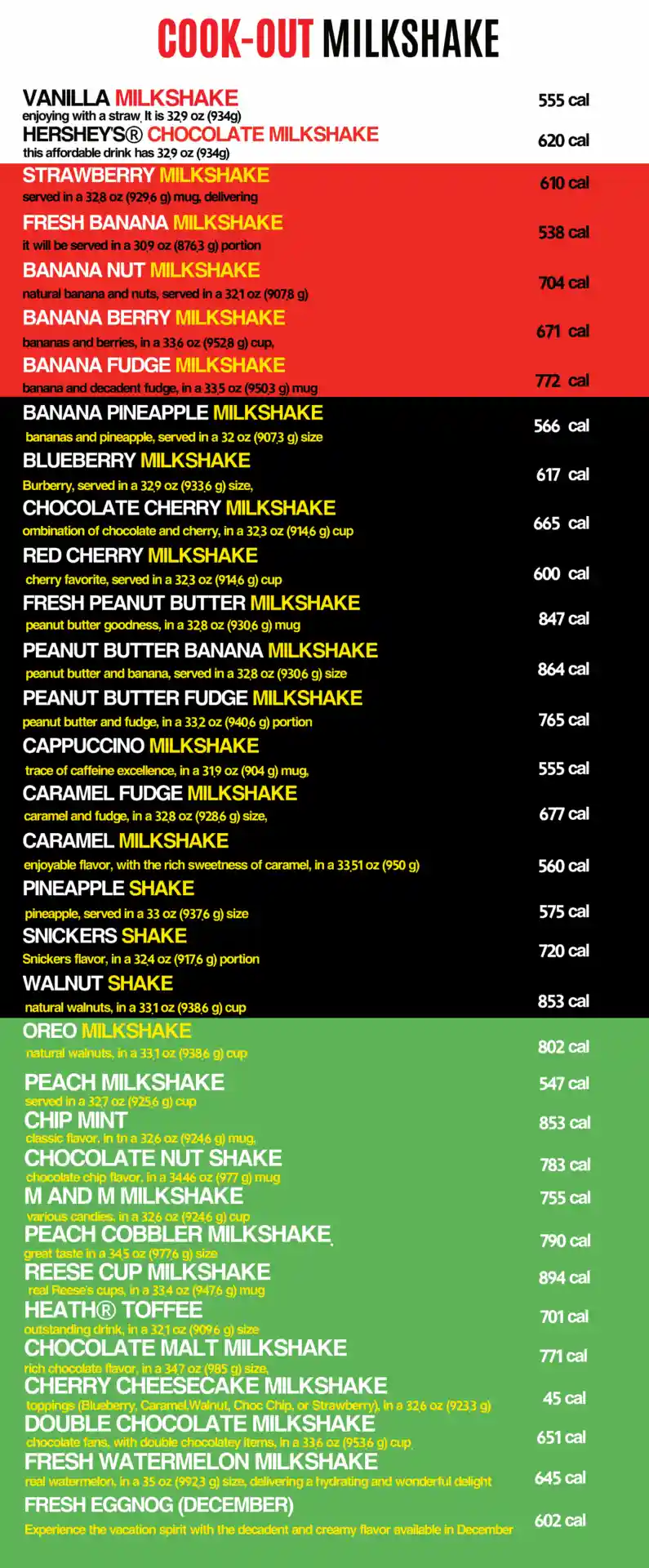 Cookout Milkshake Menu