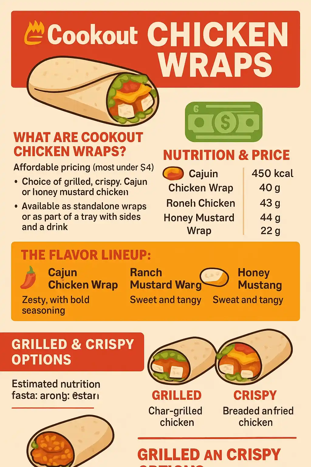 🍗Cookout Chicken Wraps: Complete Guide to Flavors, Nutrition, and Prices 3 Infographics: Cookout Chicken Wraps