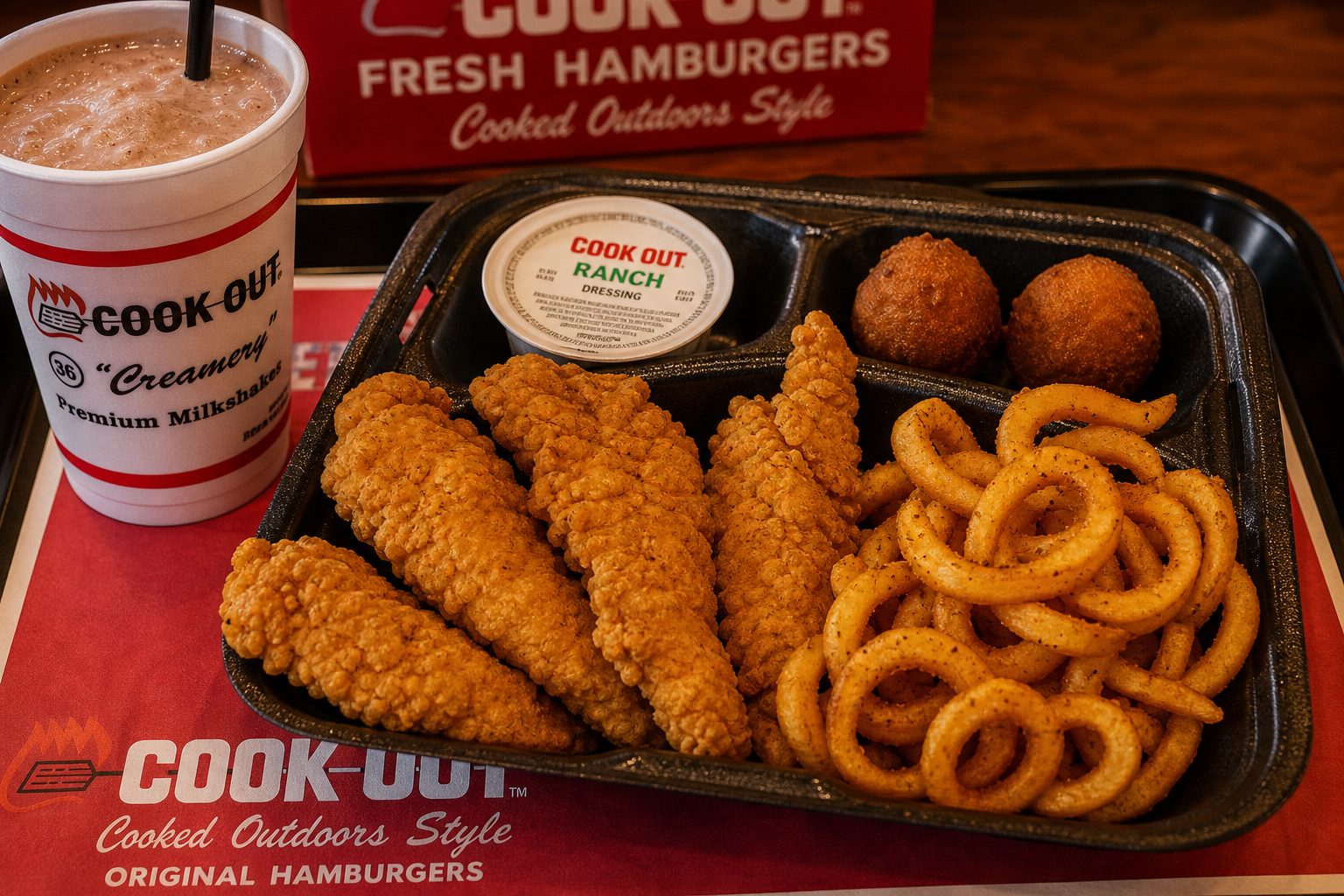 Cookout Chicken Strips 2026: Price, Calories, Dipping Sauces & Full Review 3 Cookout chicken strips tray combo with curly fries, hush puppies, ranch sauce, and milkshake