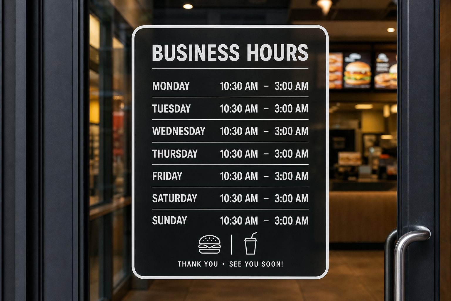 Cook Out Hours Georgia 2026: Opening, Closing & Late-Night Schedule 3 Cook Out hours Georgia 2026 — business hours sign showing 10:30 AM to 3:00 AM daily schedule