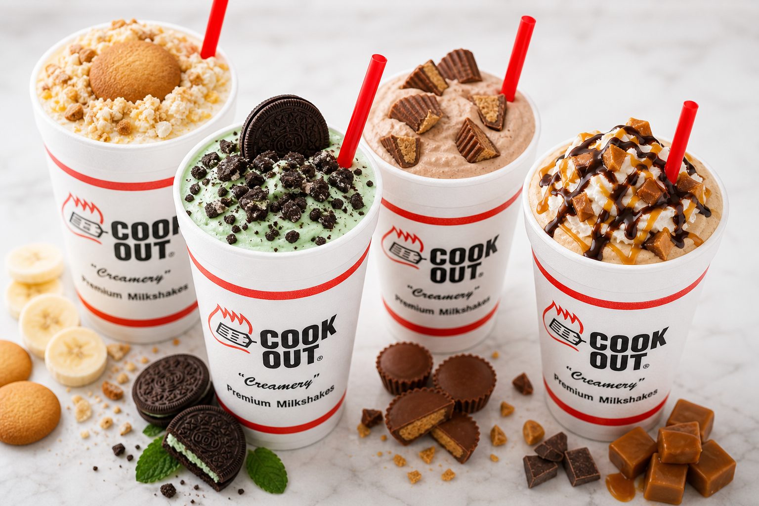 All 40+ Cookout Milkshake Flavors Ranked (2026): Best to Worst with Calories 2 Cookout milkshake flavors ranked 2026 — banana pudding, Oreo mint, Reese's Cup, caramel fudge milkshakes in Cook Out cups