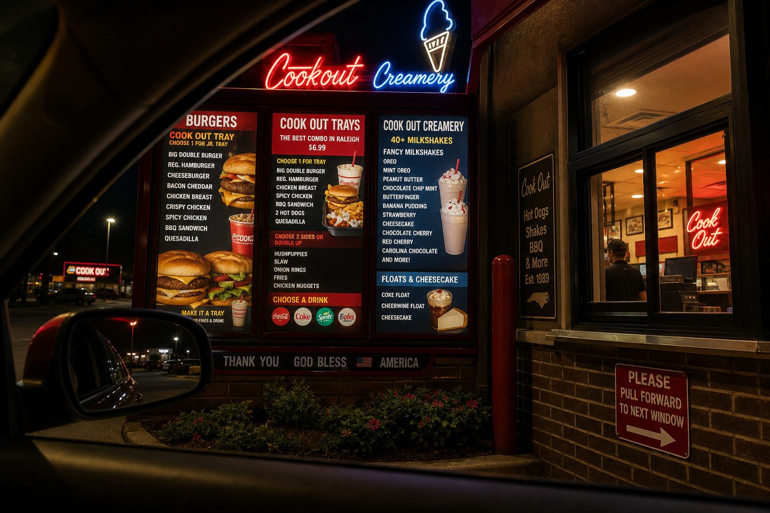 Cookout Secret Menu 2026: Real Hacks, Tray Tricks & Hidden Combinations 3 Cookout secret menu drive-thru at night — illuminated Cook Out menu board showing Tray options, 40+ milkshakes