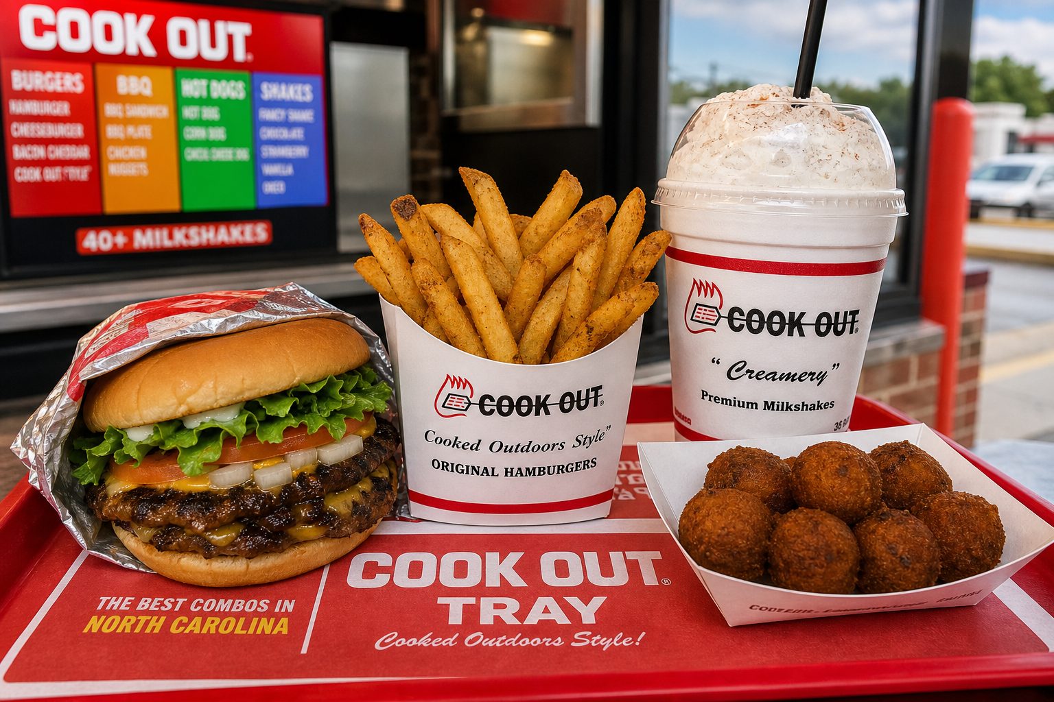 Cookout Secret Menu 2026: Real Hacks, Tray Tricks & Hidden Combinations 2 Cookout secret menu tray combo — burger, seasoned fries, hush puppies and milkshake on Cook Out tray